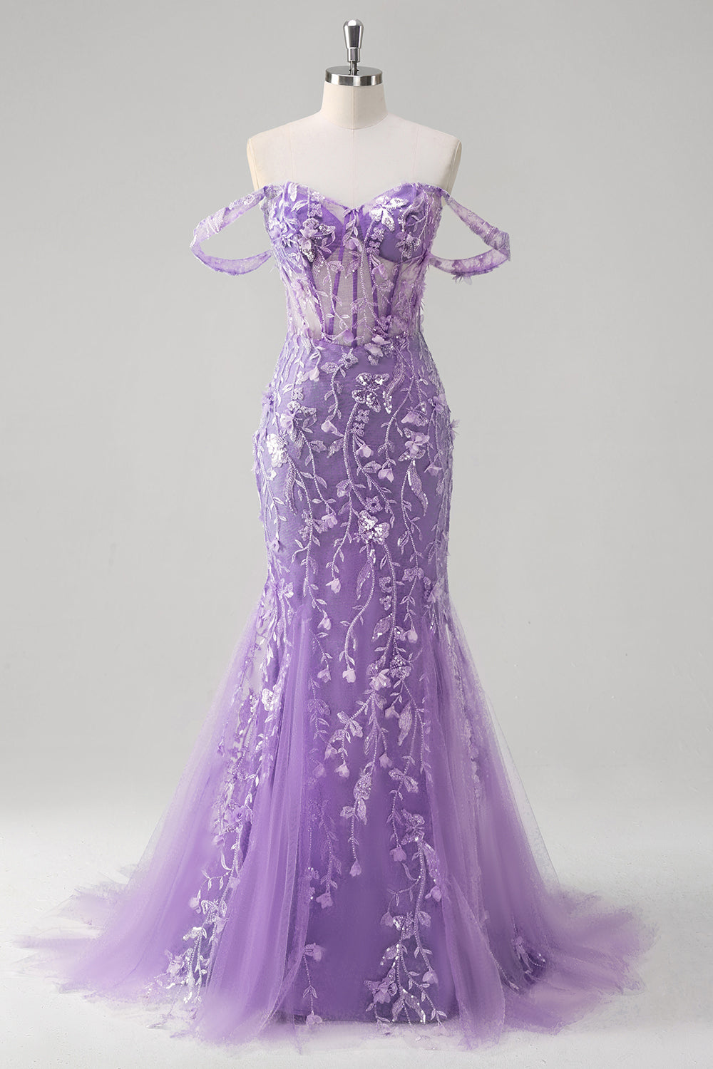 Sirène Applique Épaule Dénudée Corset Robe De Soirée Bleue