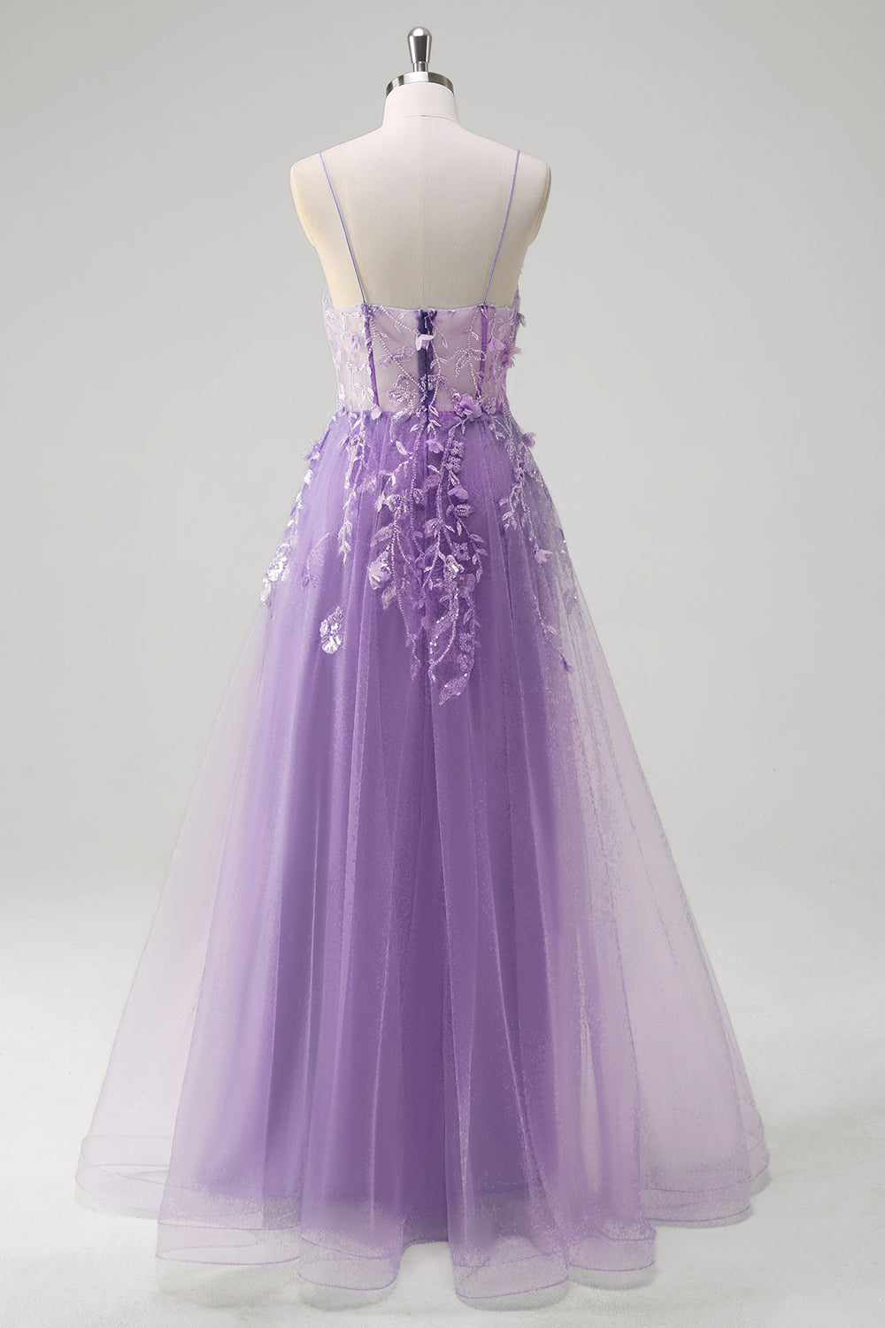 Une ligne tulle spaghetti bretelles corset applique bleu Robe De Soirée avec fente