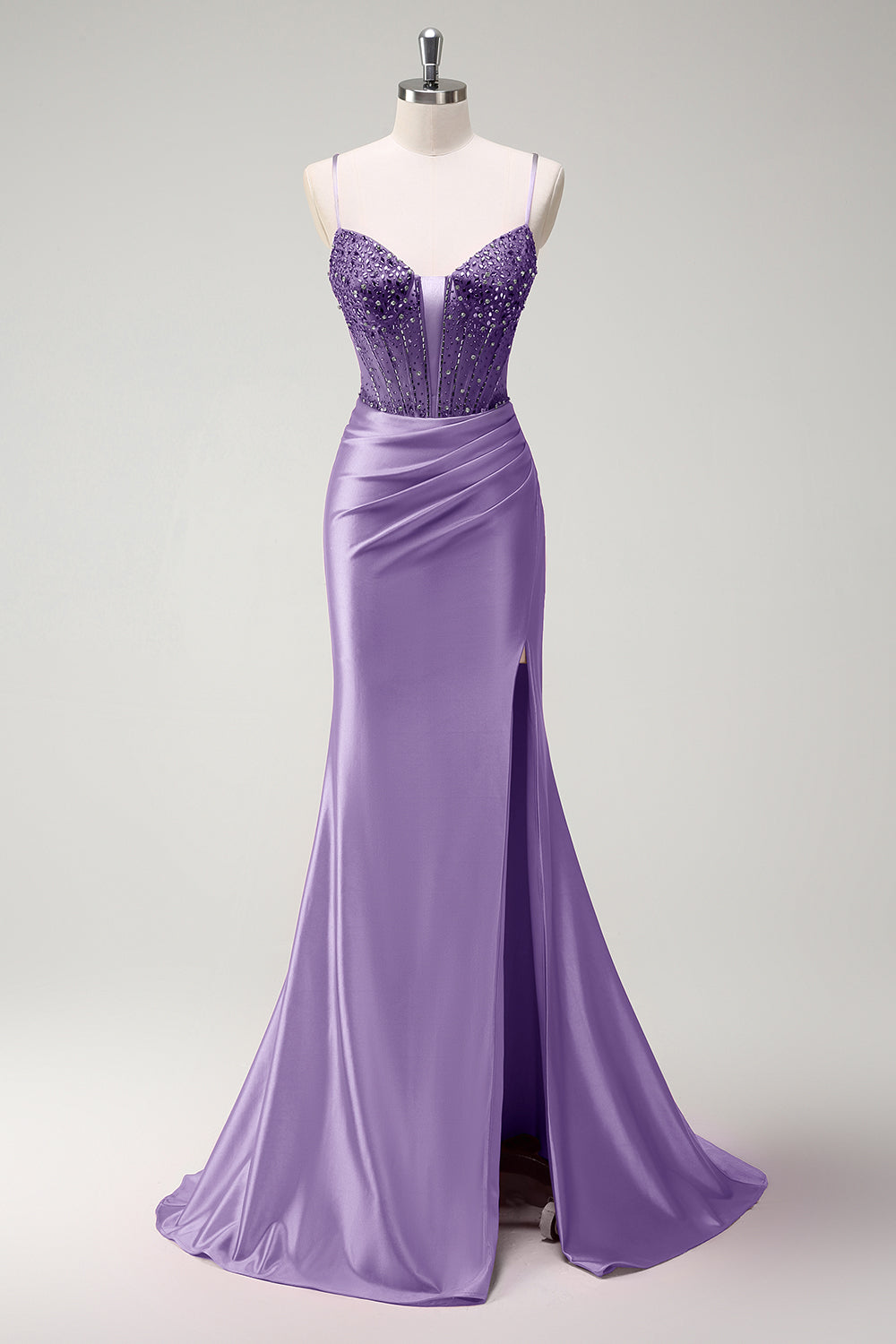 Sirène fuchsia scintillante bretelles spaghetti perlé Corset satin longue Robe de soirée avec fente