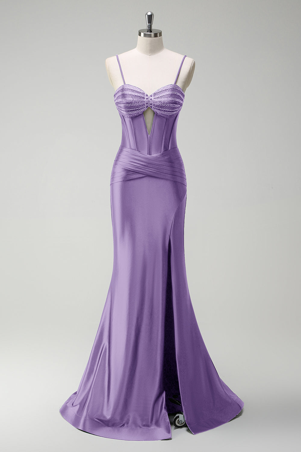 Robe de soirée longue en satin corset perlé vert foncé scintillant avec fente