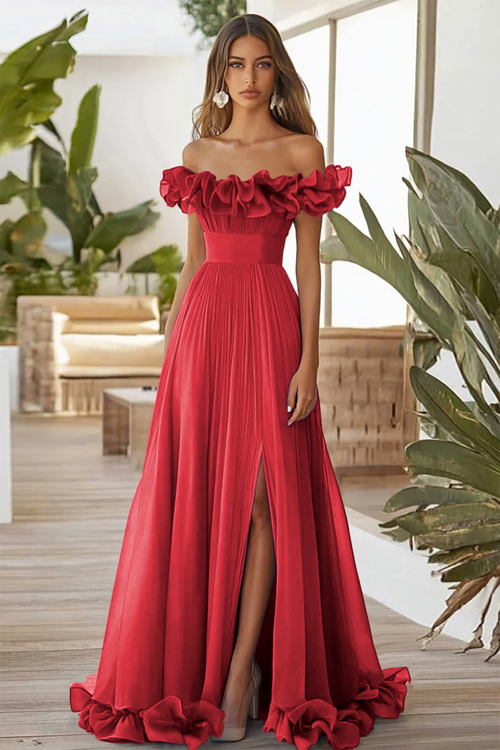 Robe formelle à épaules dénudées bleue une ligne avec fente