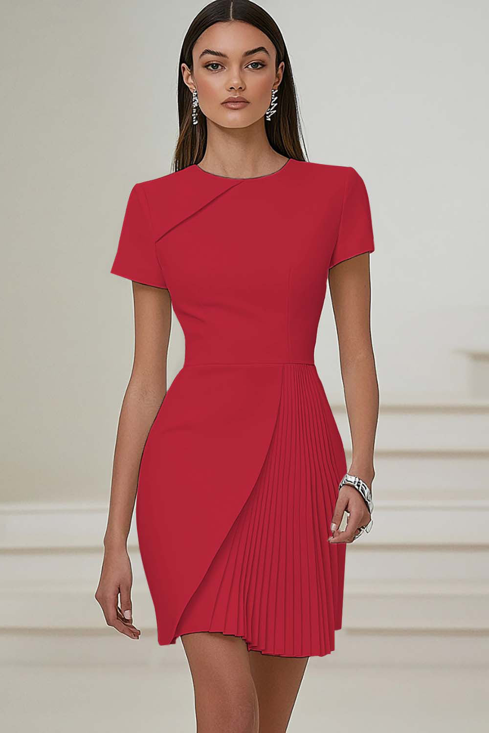 Robe de travail plissée ivoire à manches courtes