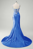 Sirène bleue spaghetti bretelles corset robe de Soirée appliquée