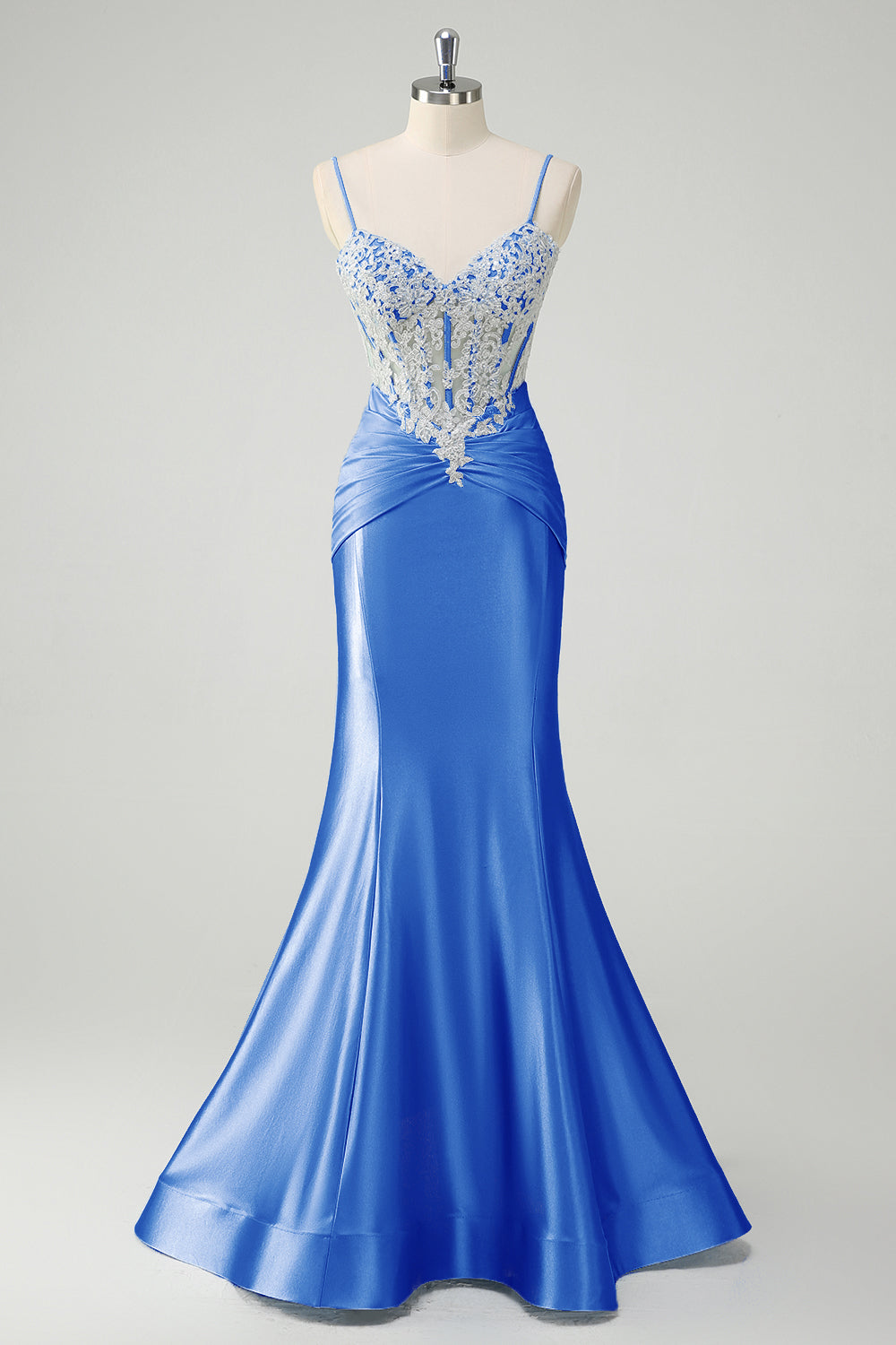 Sirène bleue spaghetti bretelles corset robe de Soirée appliquée