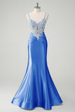 Sirène bleue spaghetti bretelles corset robe de Soirée appliquée