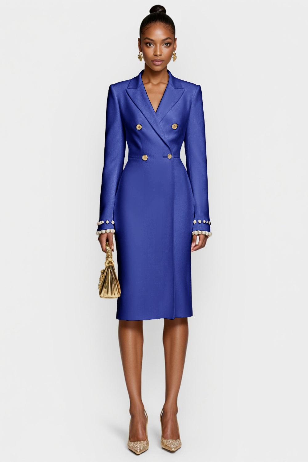 Robe de travail midi moulante blanche à double boutonnage à revers en pointe