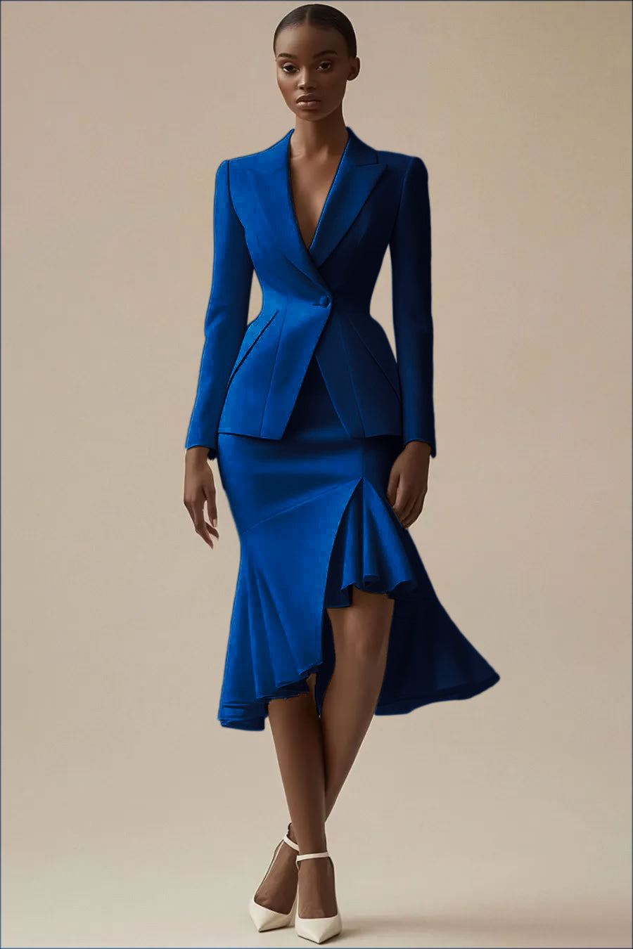 Ivoire 2 pièces à revers en pointe Robe de travail midi avec volants