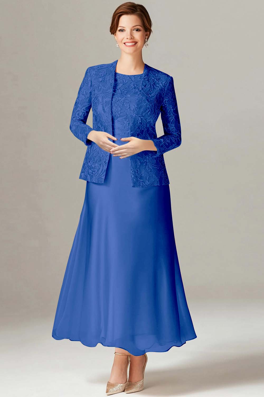 Robe 2 pièces Mère de la mariée en mousseline de champagne trapèze