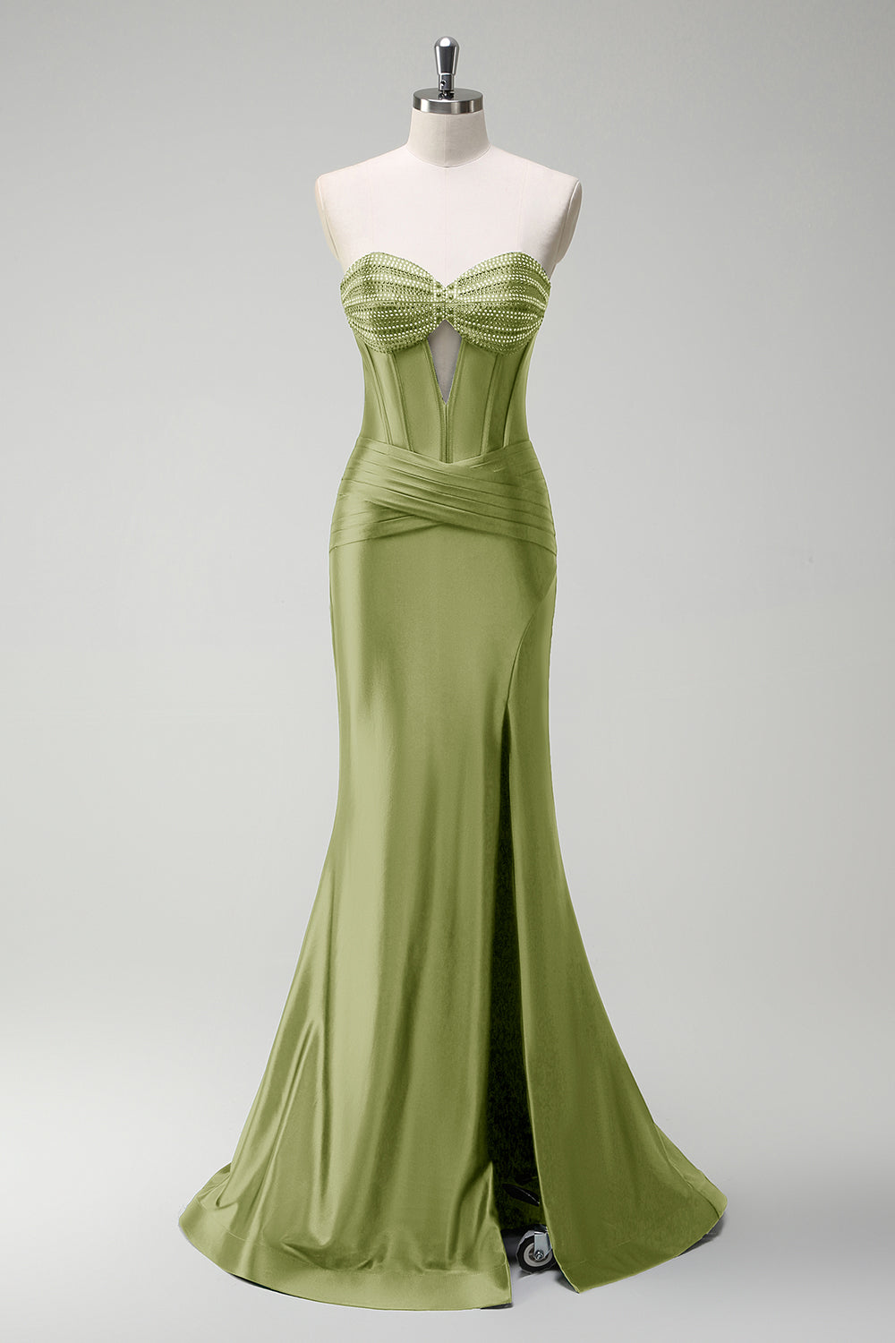 Robe de soirée longue en satin corset perlé vert foncé scintillant avec fente