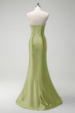 Robe de soirée longue en satin corset perlé vert foncé scintillant avec fente