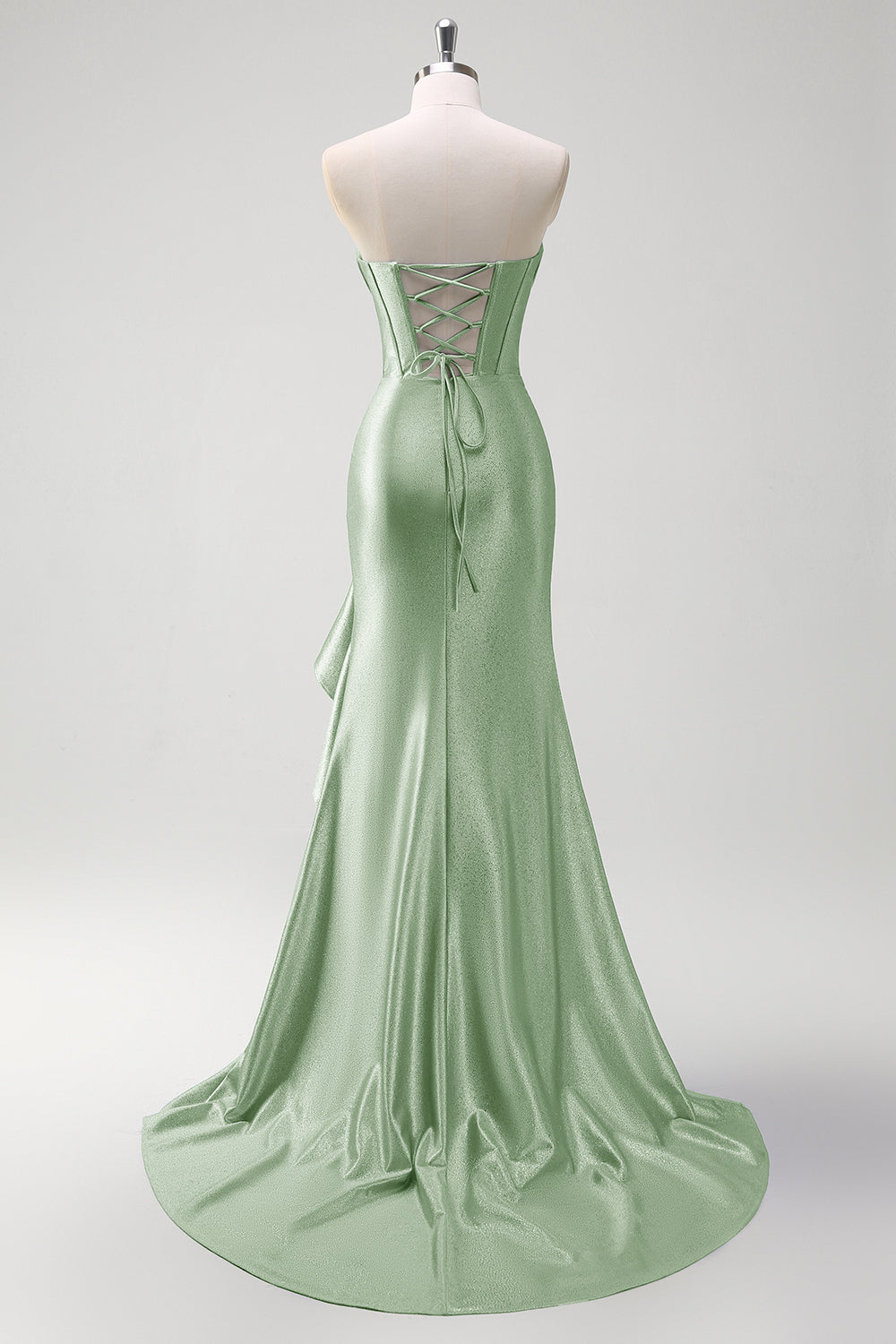 Sirène bleue grise scintillante sans bretelles à volants Corset Robe de soirée longue en satin avec fente