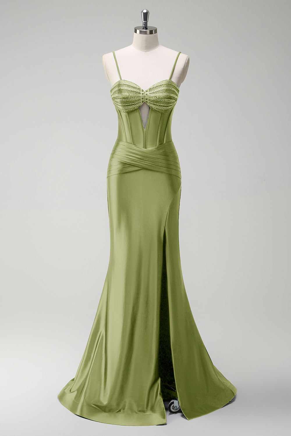 Robe de soirée longue en satin corset perlé vert foncé scintillant avec fente