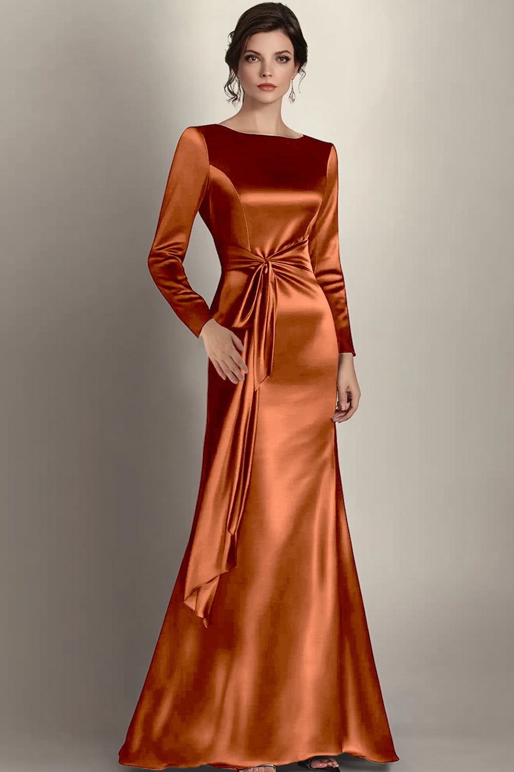 Sirène noire manches longues satin froncé longue mère de la mariée robe