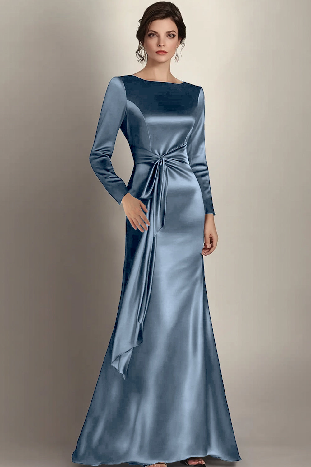 Sirène noire manches longues satin froncé longue mère de la mariée robe