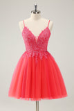Robe de soirée court à bretelles spaghetti rose vif avec appliques