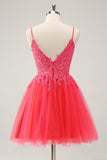 Robe de soirée court à bretelles spaghetti rose vif avec appliques