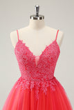 Robe de soirée court à bretelles spaghetti rose vif avec appliques
