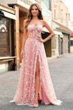 Une ligne blush spaghetti bretelles sequin corset Robe De Soirée avec fente