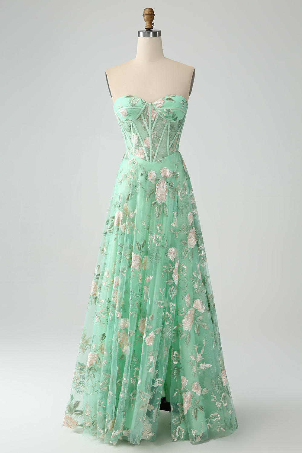 Robe de soirée corset trapèze trapèze vert clair avec broderie