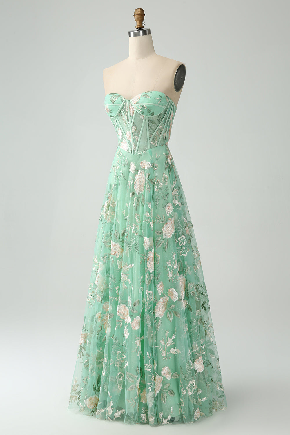 Robe de soirée corset trapèze trapèze vert clair avec broderie