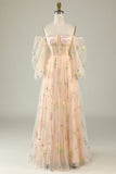Champagne sur l’épaule Manches longues A-Line Robe de Soirée