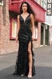 Robe de soirée longue sirène à col en V Depp noir scintillant avec plumes