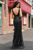 Robe de soirée longue sirène à col en V Depp noir scintillant avec plumes