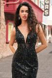 Robe de soirée longue sirène à col en V Depp noir scintillant avec plumes
