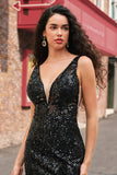Robe de soirée longue sirène à col en V Depp noir scintillant avec plumes