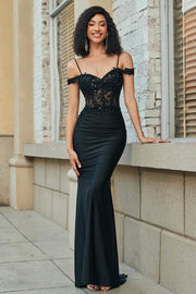 Robe de soirée longue sirène noire à paillettes et épaules dénudées