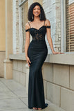 Robe de soirée longue sirène noire à paillettes et épaules dénudées