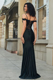 Robe de soirée longue sirène noire à paillettes et épaules dénudées