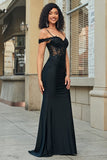 Robe de soirée longue sirène noire à paillettes et épaules dénudées