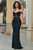 Robe de soirée longue sirène noire à paillettes et épaules dénudées
