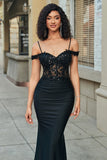 Robe de soirée longue sirène noire à paillettes et épaules dénudées
