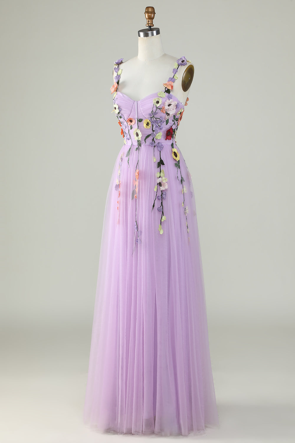 Une ligne Sangles Spaghetti Violettes Robe de bal avec fleurs 3D