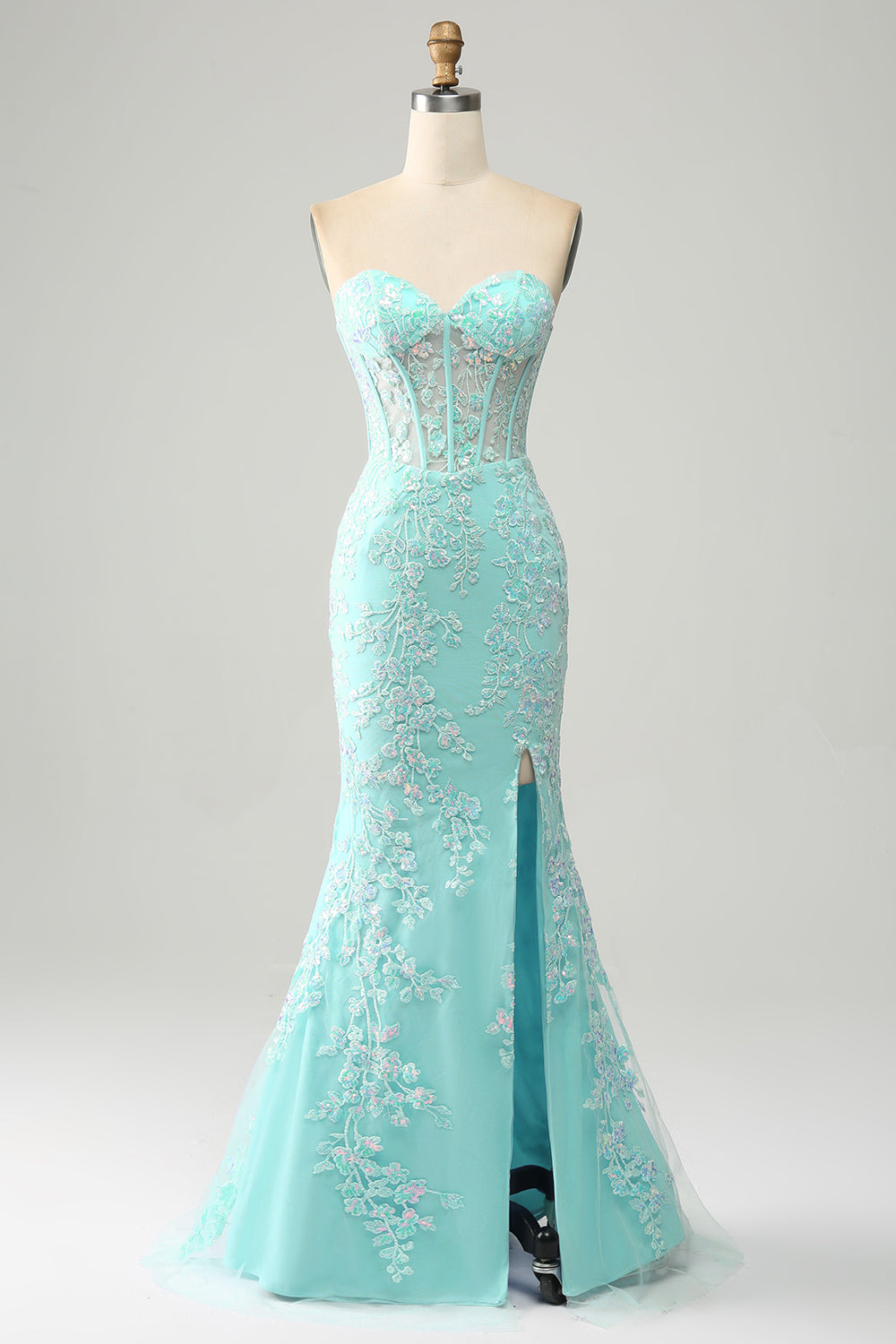 Robe de Soirée bleu clair sirène chérie Corset Appliques avec fente latérale