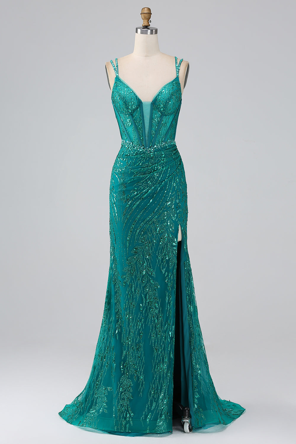 Robe de bal Corset à bretelles spaghetti sirène scintillant vert foncé avec fente