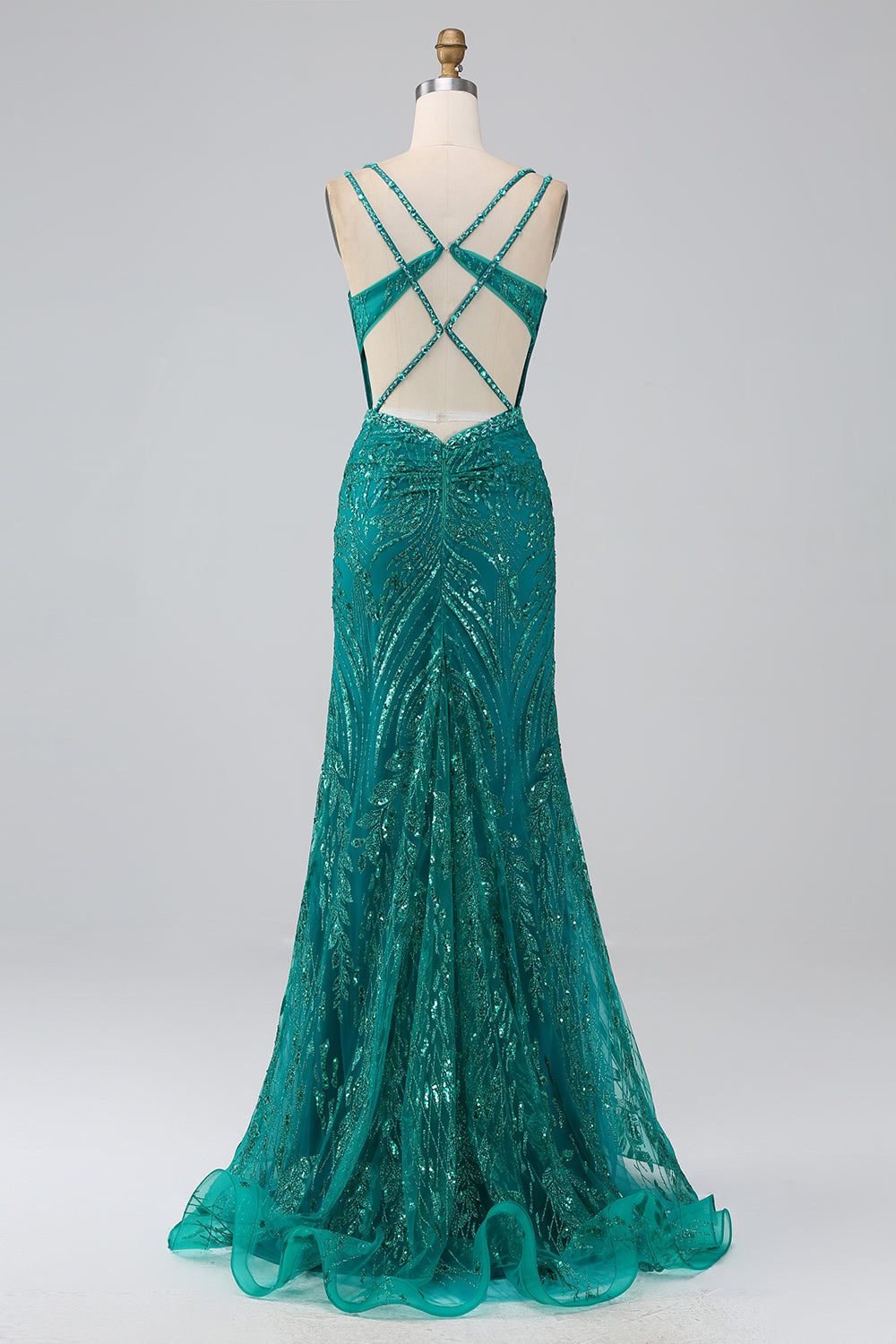 Robe de bal Corset à bretelles spaghetti sirène scintillant vert foncé avec fente