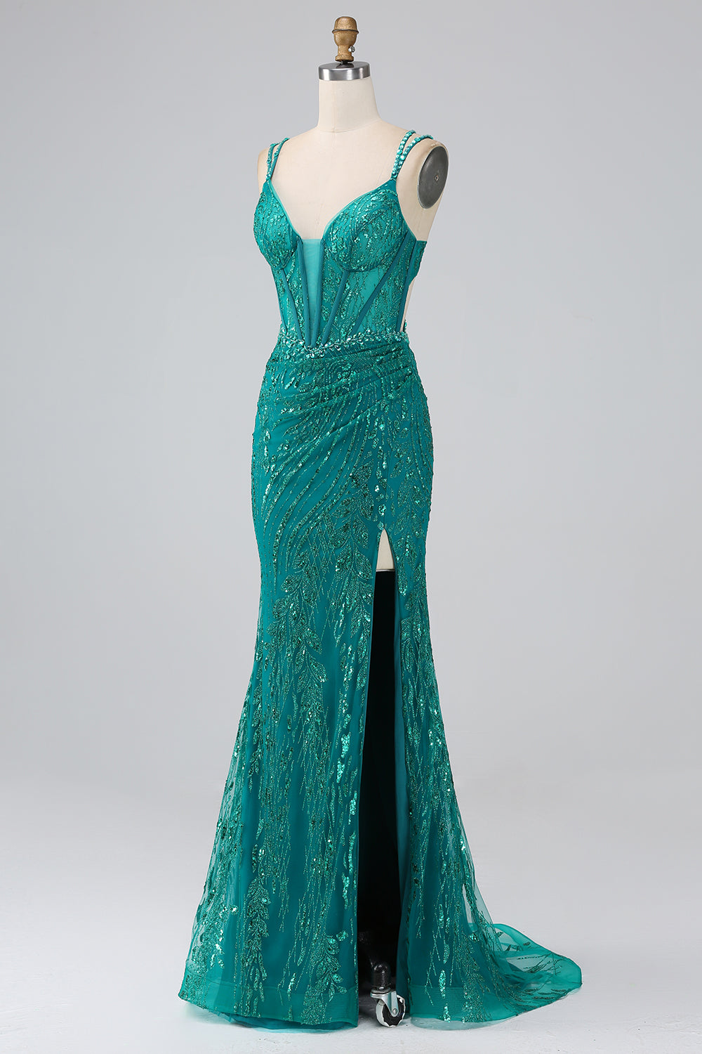 Robe de bal Corset à bretelles spaghetti sirène scintillant vert foncé avec fente