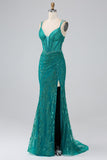 Robe de bal Corset à bretelles spaghetti sirène scintillant vert foncé avec fente