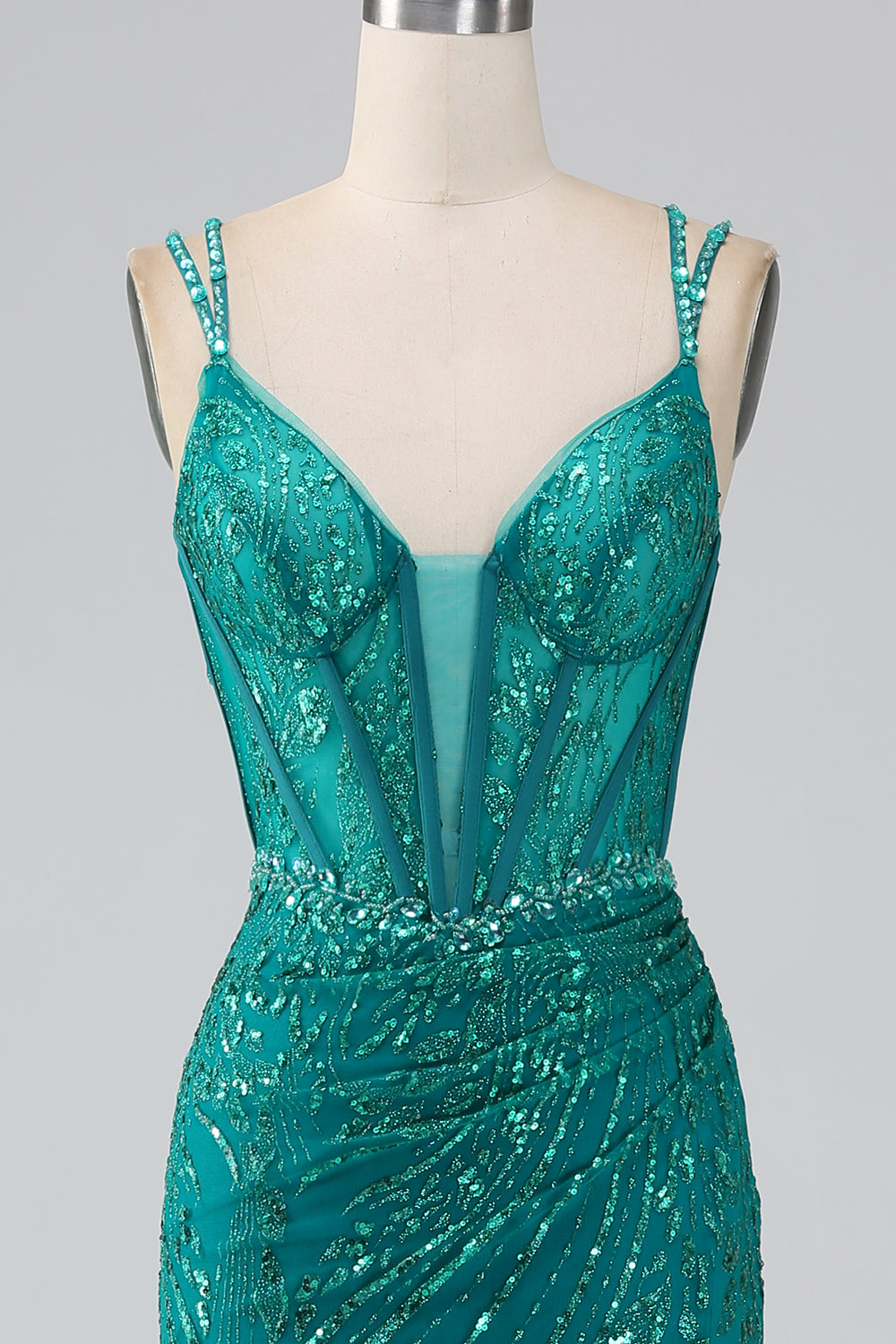 Robe de bal Corset à bretelles spaghetti sirène scintillant vert foncé avec fente