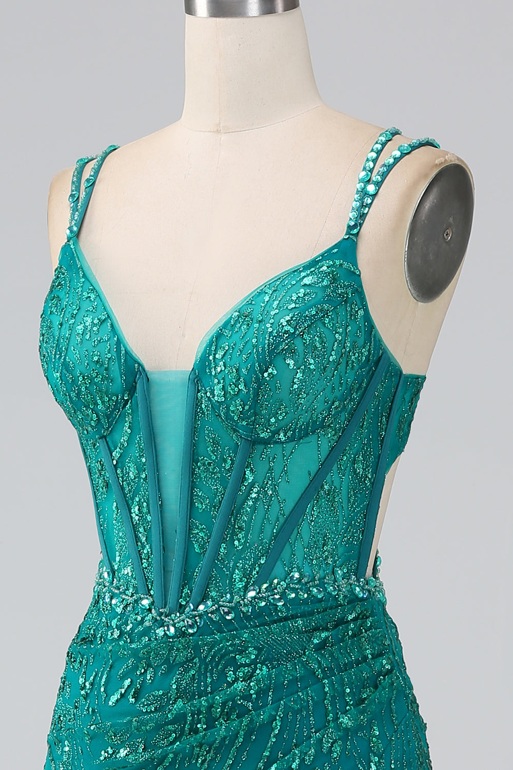 Robe de bal Corset à bretelles spaghetti sirène scintillant vert foncé avec fente