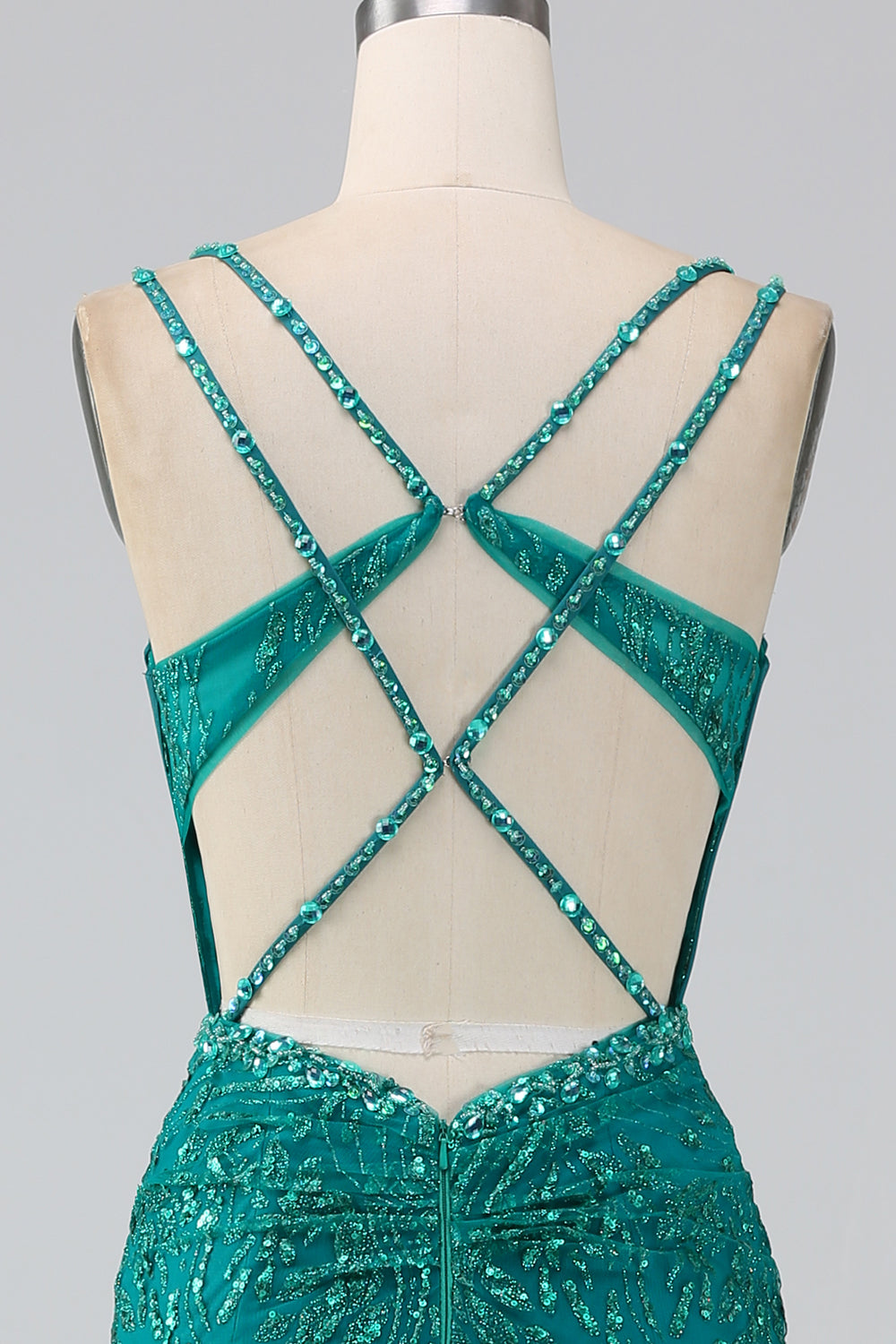 Robe de bal Corset à bretelles spaghetti sirène scintillant vert foncé avec fente