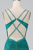 Robe de bal Corset à bretelles spaghetti sirène scintillant vert foncé avec fente