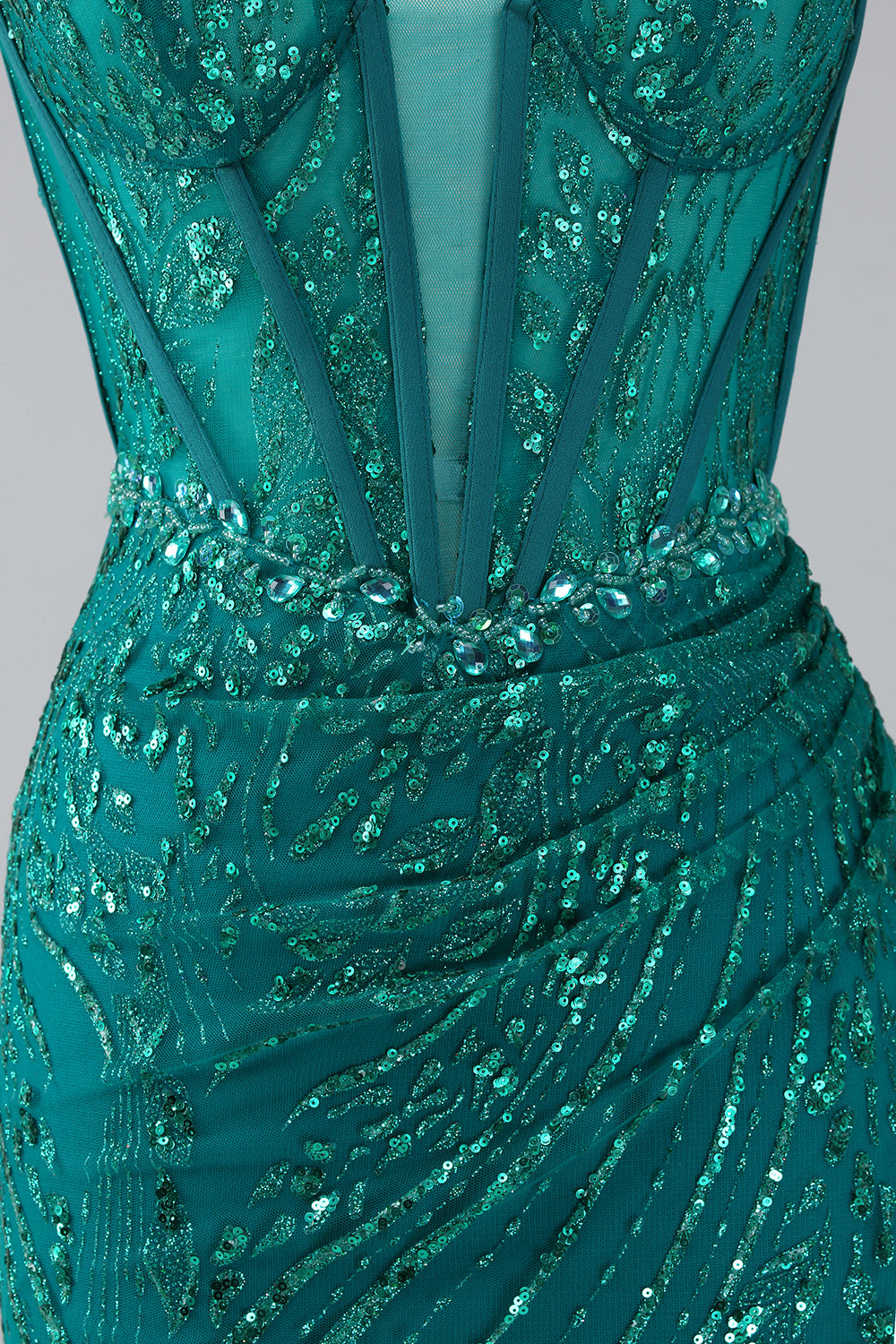 Robe de bal Corset à bretelles spaghetti sirène scintillant vert foncé avec fente