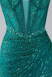Robe de bal Corset à bretelles spaghetti sirène scintillant vert foncé avec fente