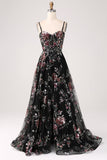 Robe de bal longue corset à paillettes de fleurs noir A-ligne