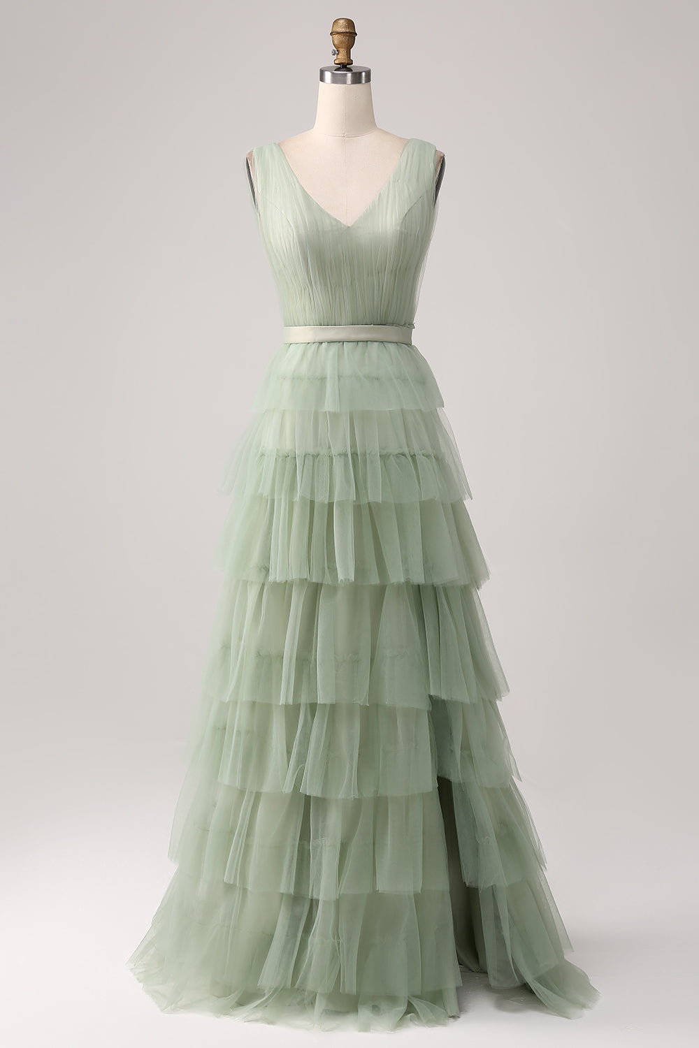 Robe de Soirée verte plissée à plusieurs niveaux avec fente