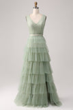 Robe de Soirée verte plissée à plusieurs niveaux avec fente